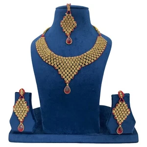 Collar de oro antiguo tradicional indio con pendientes y mang tika para mujer - Imagen 1 de 5