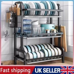 3 Tier Dish Drainer Rack with Drip Tray Cutlery Holder Plate Rack Kitchen Sink - Picture 1 of 15