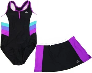 NWOT GIRLS SIZE 7 GERRY 2 PIECE BLACK ZIPPER KEYHOLE BACK SWIMSUIT & SKIRT BEET - Picture 1 of 3