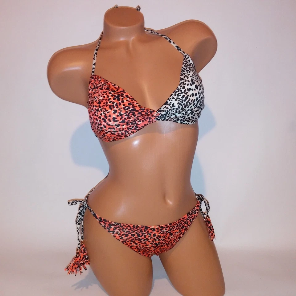 Bikini de natación H&M talla 10 naranja crema negro leopardo cuerda bikini halter atado Foto 1 de 4