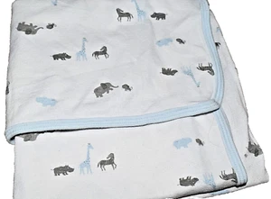 5S Carter's Safari Jungle Zoo White Blue Gray Jersey Knit 1ply Baby Crib Blanket - Picture 1 of 5