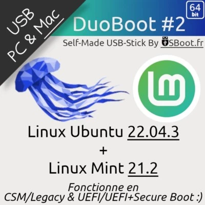 CLÉ USB LINUX MINT 21.2 VICTORIA + UBUNTU 22.04.3 JAMMY-JELLYFISH BOOTABLE STICK - Photo 1/4