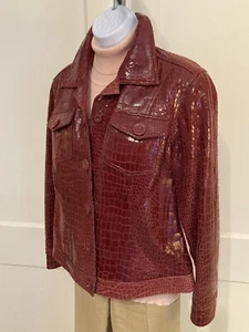 BEREK Size L Red Lamb Patent Leather Women’s Snap Croc Jacket Single Breasted - Picture 1 of 10