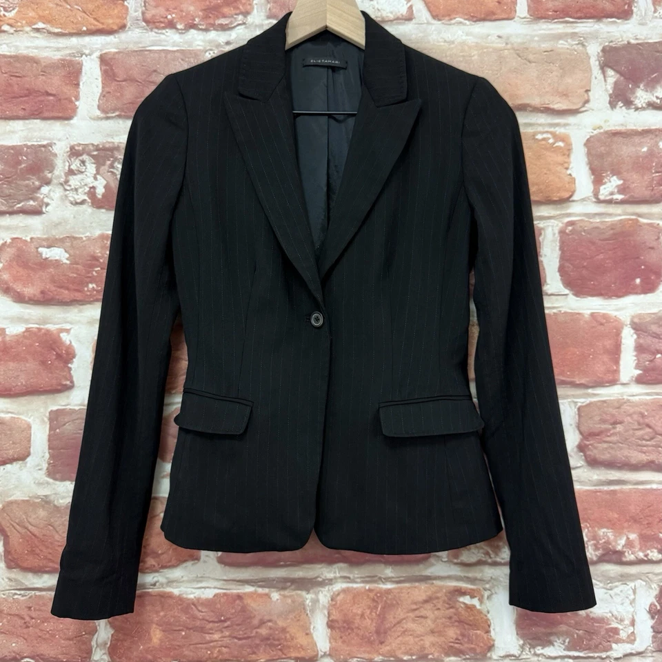 Elie Tahari Jacket Womens XXS Petite Black Blue Pinstriped Career Work Blazer - Image 1 of 4