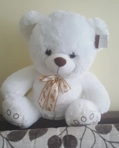Weicher pelziger weißer Teddybär mit Schleifenband und aufgedruckten Pfoten - Bild 1 von 1