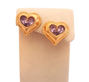 Vinatge Christian Lacroix Pink Crystal Heart Earrings Frosted Gold Tone Signed - Picture 1 of 8