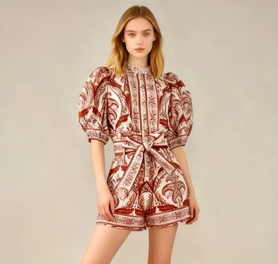 Nuevo con etiquetas Mameluco Farm Rio Tropical camafeo con cinturón talla XS 100 % algodón mangas abullonadas Foto 1 de 4