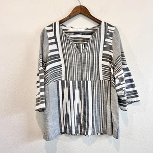 Pure Jill 100% Baumwolle Tunika Bluse Top L grau weiß Streifen Ikat Boho minimalistisch - Bild 1 von 9