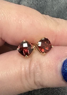 Gorgeous 6mm Checkerboard Cushion Cut Garnet Earrings 10k Yellow Gold From Zales - Image 1 of 4