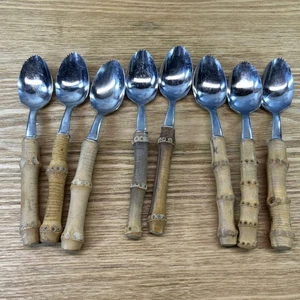 VTG MCM Bamboo Handle Grapefruit Spoons Set of 8 Stainless Serrated Flatware - Picture 1 of 7