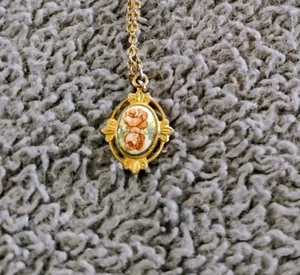 1928 Pendant Necklace Earrings Set Gold Tone Metal Romantic Floral Porcelain - Picture 1 of 5