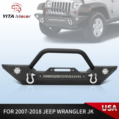for 2007-2018 Jeep Wrangler JK Unlimited Front Bumper w/ LED Light Bar & D-Rings Foto 1 de 4