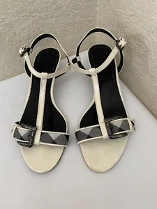BURBERRY NOVA PLAID IVORY PATENT LEATHER ANKLE STRAP HEEL SANDAL WOMEN SZ 38/ 8 - Picture 1 of 8