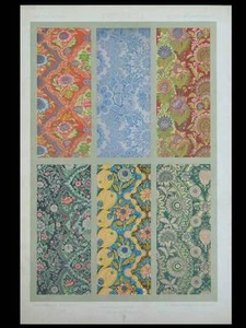 SOIERIE 17e, DENTELLE SEMIS FLEURS - LITHOGRAPHIE 1877 - ORNEMENTATION TISSUS - Picture 1 of 1