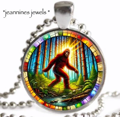 Sasquatch Necklace FAUX Stained Glass Bigfoot ART PRINT Silver Charm Pendant - Image 1 of 4