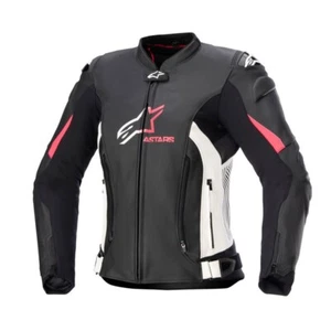 ALPINESTARS GIACCA PELLE LADY STELLA GP PLUS NERO NERO BIANCO FUXIA TG.44 - Foto 1 di 3