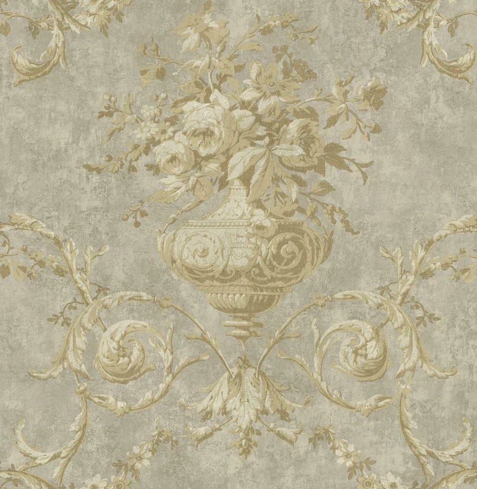 Wallpaper Beige Tan Taupe Floral Bouquet in Vase With Leaf Scroll ,56 sq ft bolt - Image 1 of 1