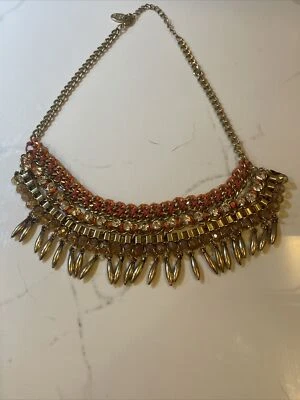 Cara New York Rhinestone Leather And Bead Statement Bib Necklace Gold Tone 20" - Image 1 of 4