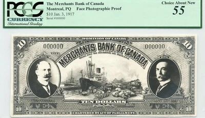 1917 $10 The Merchants Bank of Canada - FACE PHOTOGRAPHIC PROOF - PCGS AU 55 - Image 1 of 2