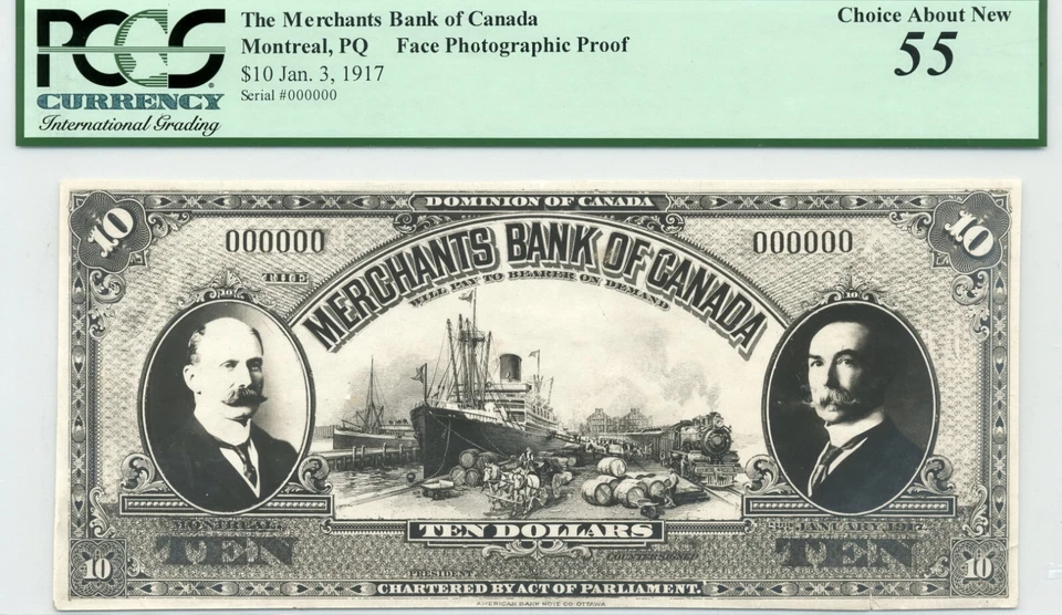 1917 $10 The Merchants Bank of Canada - FACE PHOTOGRAPHIC PROOF - PCGS AU 55 - Image 1 of 2