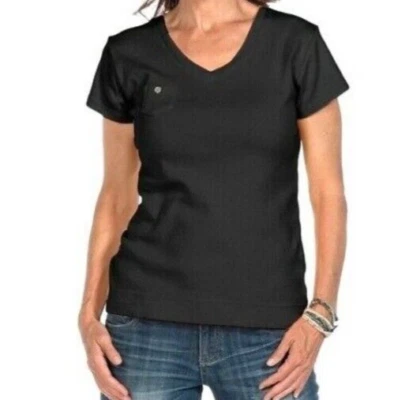 FRESH PRODUCE Medium BLACK $56 Fem Logo V Neck Cotton Baby Rib Top NWT New M - Image 1 of 3