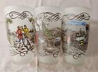 3 Barware Currier and Ives Frosted Drinking Glasses Vintage Train Logging Horse