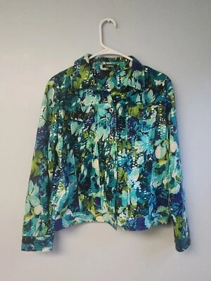 Elementz Medium Petite Career Blue Green Floral Shimmery Blazer - Image 1 of 4