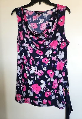 Camiseta sin mangas Ellen Tracy talla grande azul marino estampado floral cuello drapeado Foto 1 de 3