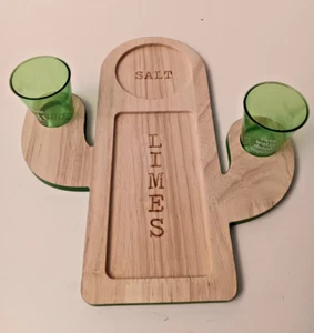 New Cactus Shape Wooden Tray & (2) Tequila Shot Glasses Set Fun Gift #7 - Picture 1 of 5