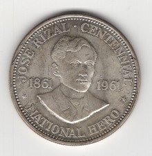 1961 PHILIPPINES DR. JOSE RIZAL SILVER PESO AU