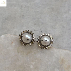 Vendita! Orecchini Borchie Perla Pave Diamante Argento Solido 925 Gioielli Regalo di Compleanno - Foto 1 di 4