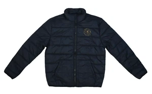 True Religion Metallic Logo Puffer Jacket Full Zip Jet Black Light Padded Mens M - Picture 1 of 12