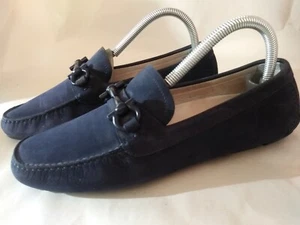 SALVATORE FERRAGAMO Guncini Moccasin Horse Beat Size 8 Blue Suede Driving Shoe - Picture 1 of 13