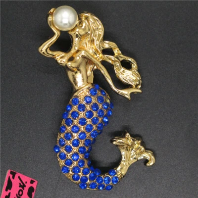 New Blue Enamel Cute Mermaid Pearl Crystal Holiday gifts  Charm Brooch Pin - Image 1 of 4