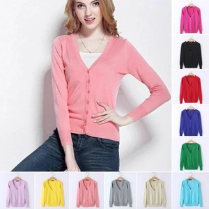 Women V Neck Knitted Cardigan Ladies Long Sleeve Jumper Tops Outwear Plus Size - Picture 1 of 34