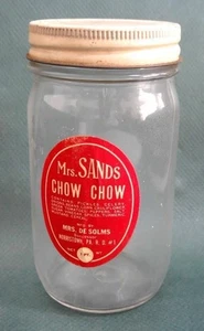 antique MRS.SANDS CHOW CHOW GLASS JAR, RED LABEL,LID DeSOLMS norristown pa - Picture 1 of 9