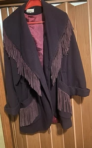 Vintage Lorovi Wolle lila Fransen Detail Mantel mit innen Kordelzug Taille Small - Bild 1 von 12
