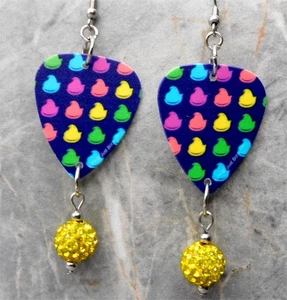 Colored Peeps Guitar Pick Earrings with Yellow Pave Bead Dangles - Picture 1 of 5