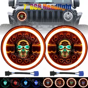 2x 7” inch Round RGB Skull LED Headlights Halo DRL For Jeep Wrangler JK LJ TJ CJ - Picture 1 of 12