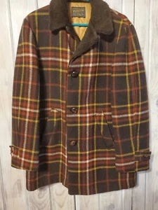 Pendleton Barn Coat Sz L Wool Jacket Quilted Lining, Brown Plaid 1960s Vintage - Picture 1 of 10