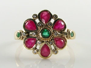 LARGE 9K 9CT GOLD RUBY EMERALD DIAMOND ART DECO INS CLUSTER RING FREE RESIZE - Picture 1 of 5