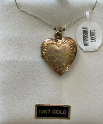 10K Yellow Gold Heart Locket I Love You Engraved Rose Flower Holds 2 pics - Image 1 of 2