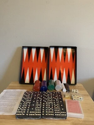 NEW Travel Game Set Backgammon Domino's Poker Dice Cards in Faux Leather Case - Image 1 of 4