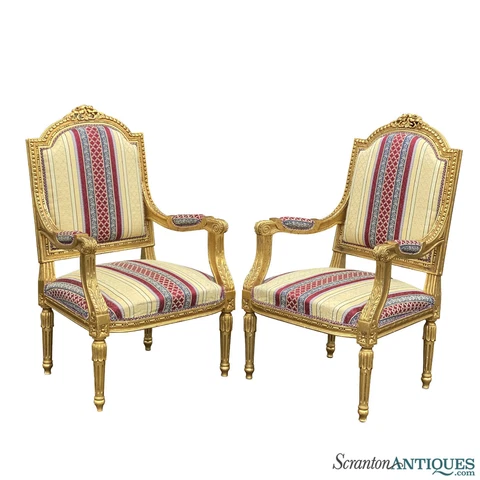 Vintage Rococo Baroque Gold Giltwood Tall Back Club Chairs - A Pair Cover