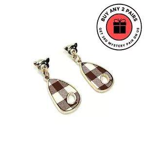 Women Brown Gingham Earrings Gold Stud Organic Shape Dangle Fashion Jewelry - Picture 1 of 2