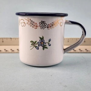 TrEs Enamel Tin Cup Small Mug Vintage Monterrey Mexico Flowers White w Blue Trim - Picture 1 of 9