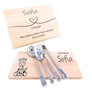 Kinderbesteck personalisiert mit Namen – Frühstücksbrett – Geschenk Taufe - Bild 1 von 11