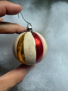 Vtg Red Mercury Glass Stripe Round Ball Christmas Ornament Mica Glitter Blue - Picture 1 of 8