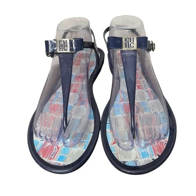 CAROLINA HERRERA Navy Blue Thongs Sandals Metal CH Logo Women’s Size 8 - Image 1 of 4
