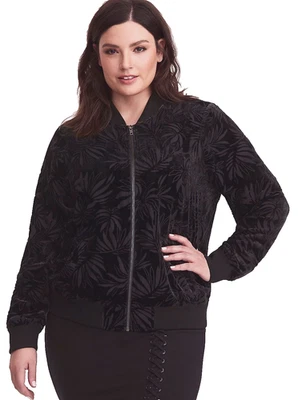 Chaqueta Bomber TORRID 0X Burnout Terciopelo Negra Deportiva Clásica Cremallera Completa Puño Acanalado Foto 1 de 3